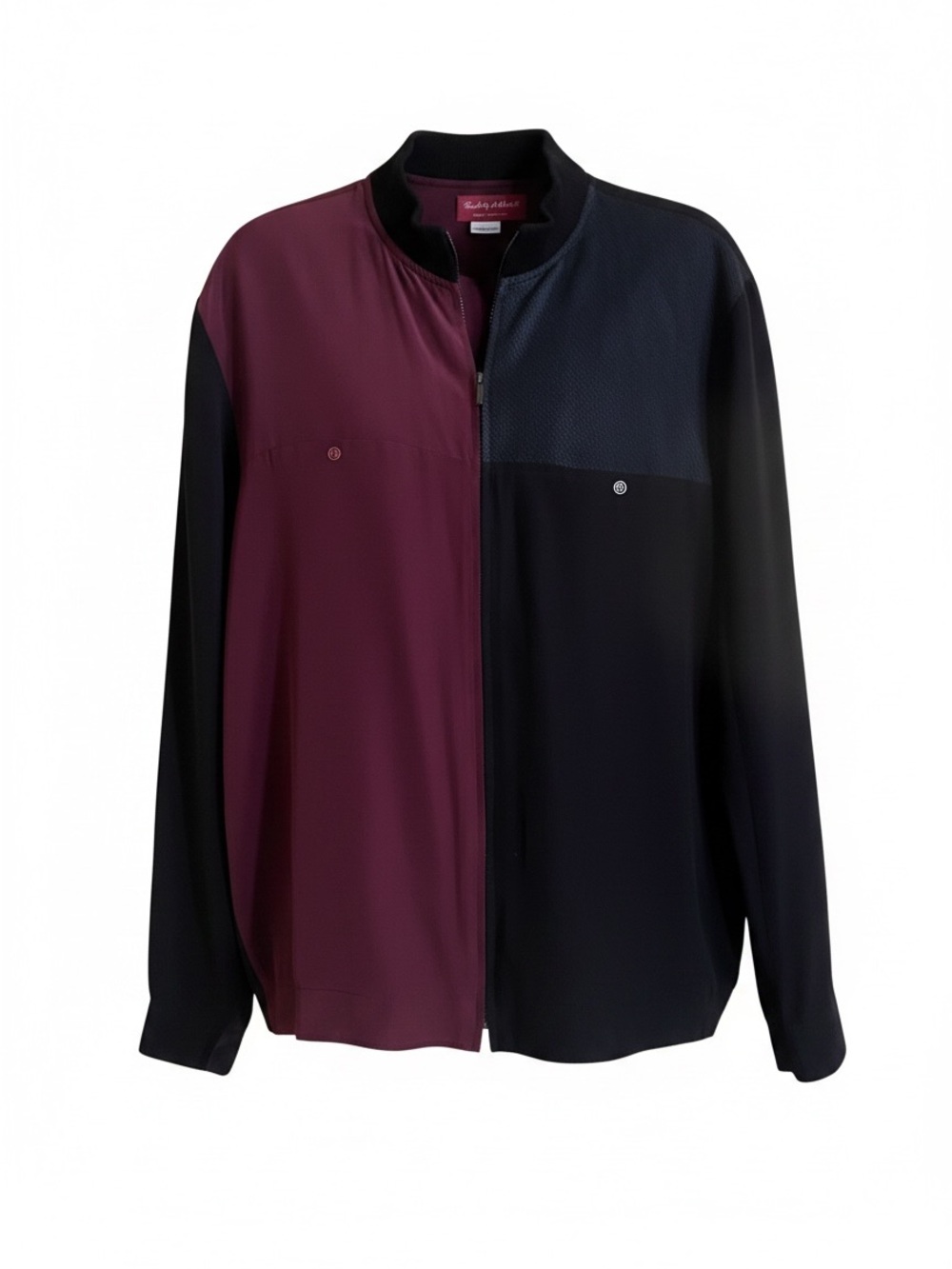 Two-Tone Burgundy and Black Bomber Jacket, 100% Silk